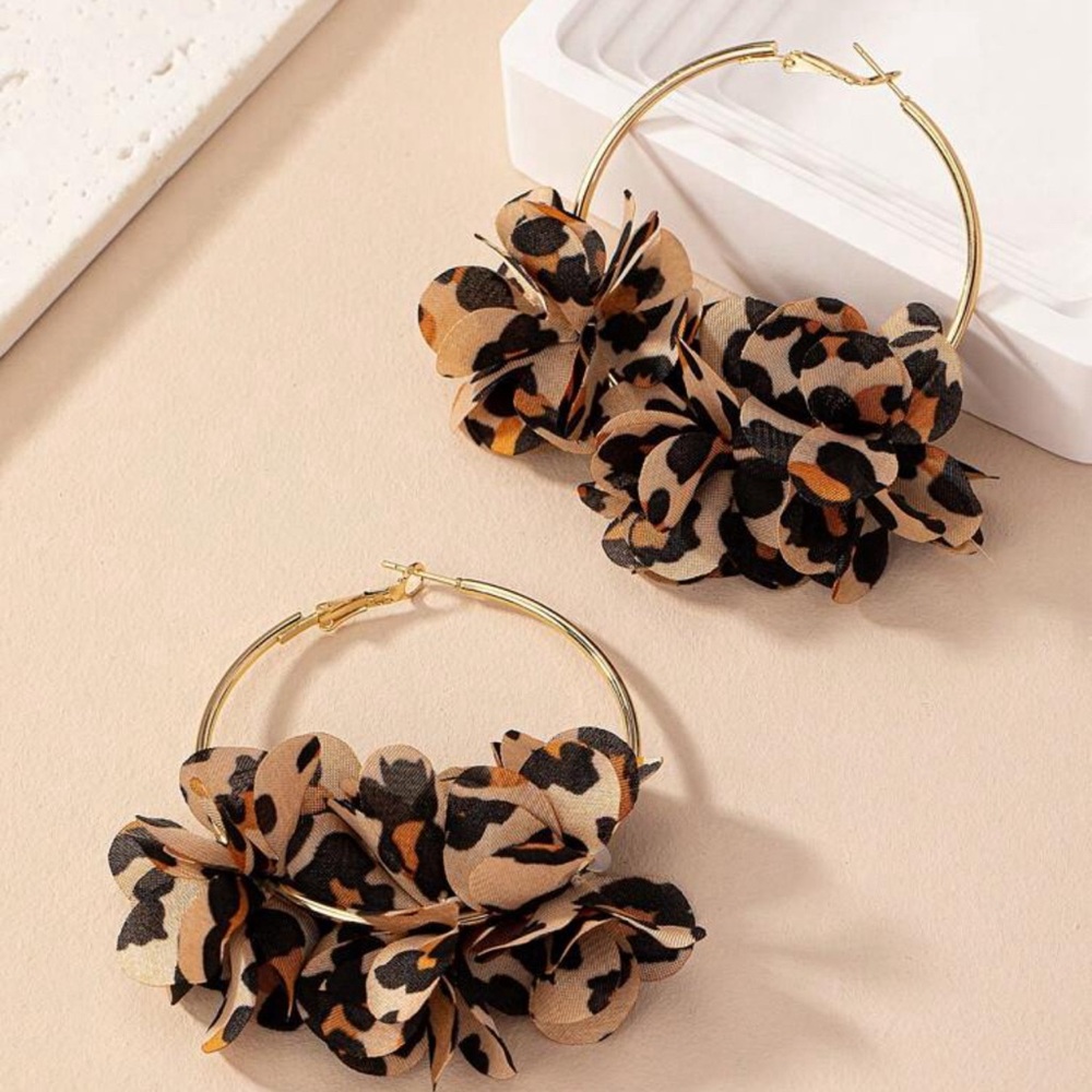 Leopard Print Cloth Flower Gold Hoop Earrings